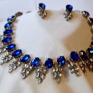 Bridal Jewelry Set Blue Rhinestones And Clear Crystals 16 Inches